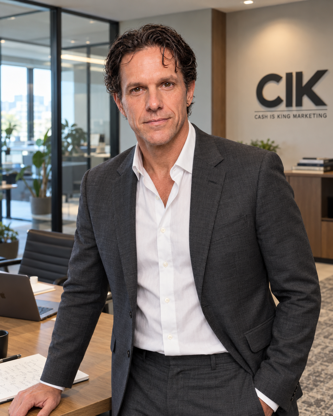 Trent, founder of Cash is King Marketing, in a charcoal suit at a desk.