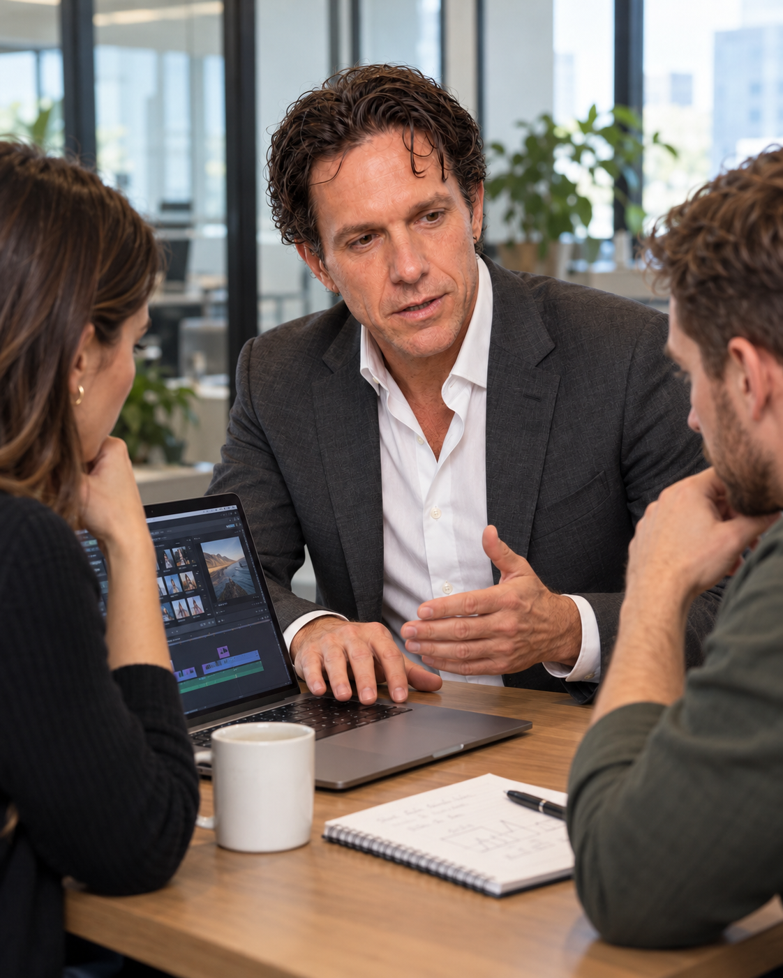 Trent guiding two colleagues through a creative workflow at a laptop.